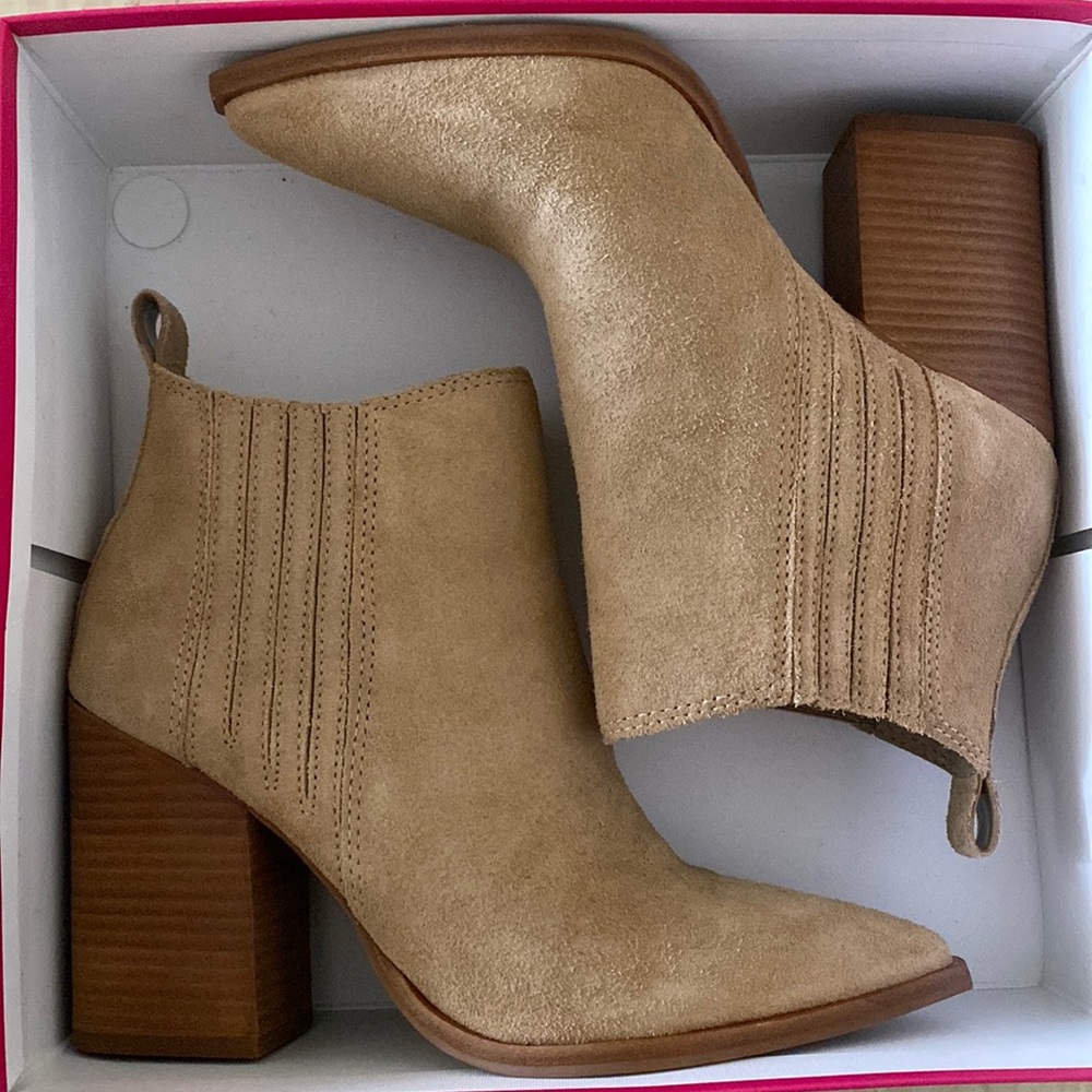 Vince Camuto Suede Western Heeled Bootie, Tan, Size 9